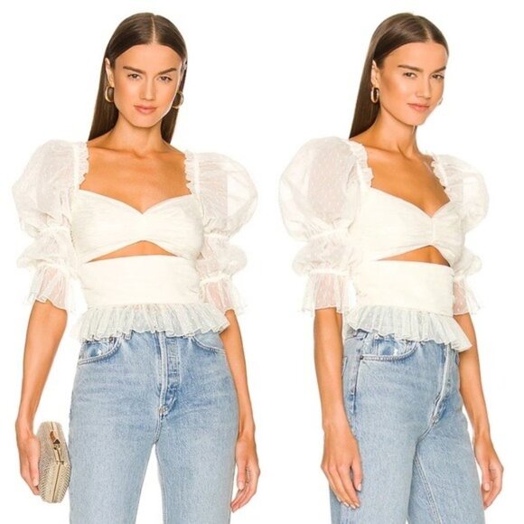 NEW LPA Dolores Top S Ivory Sheer Dot Puff Sleeve Cutout Pleated Peplum Tulle - Picture 1 of 13